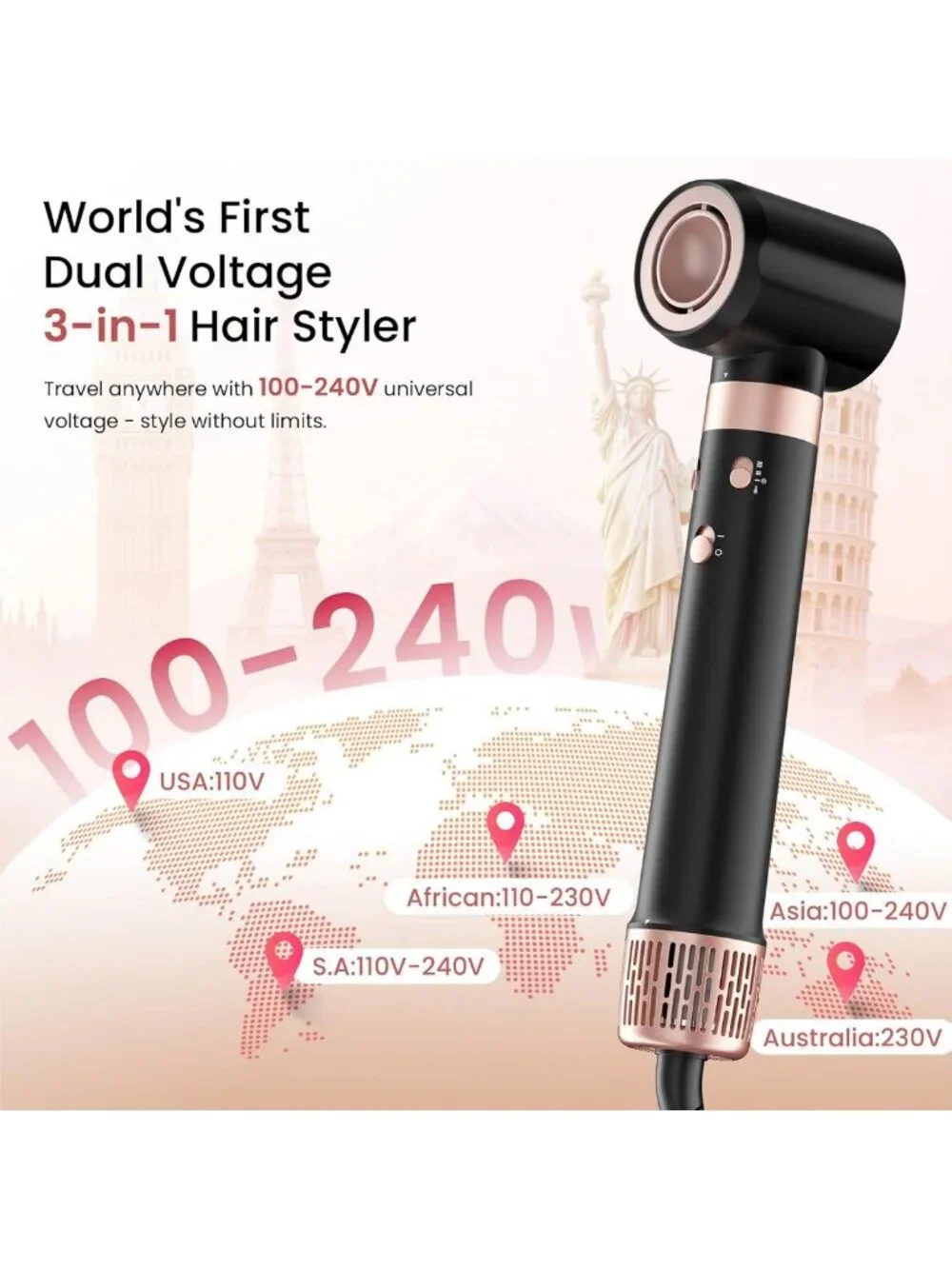 3-in-1 Dual Voltage Hair Dryer & Curler, Travel-Friendly with Auto-Wrap Barrels